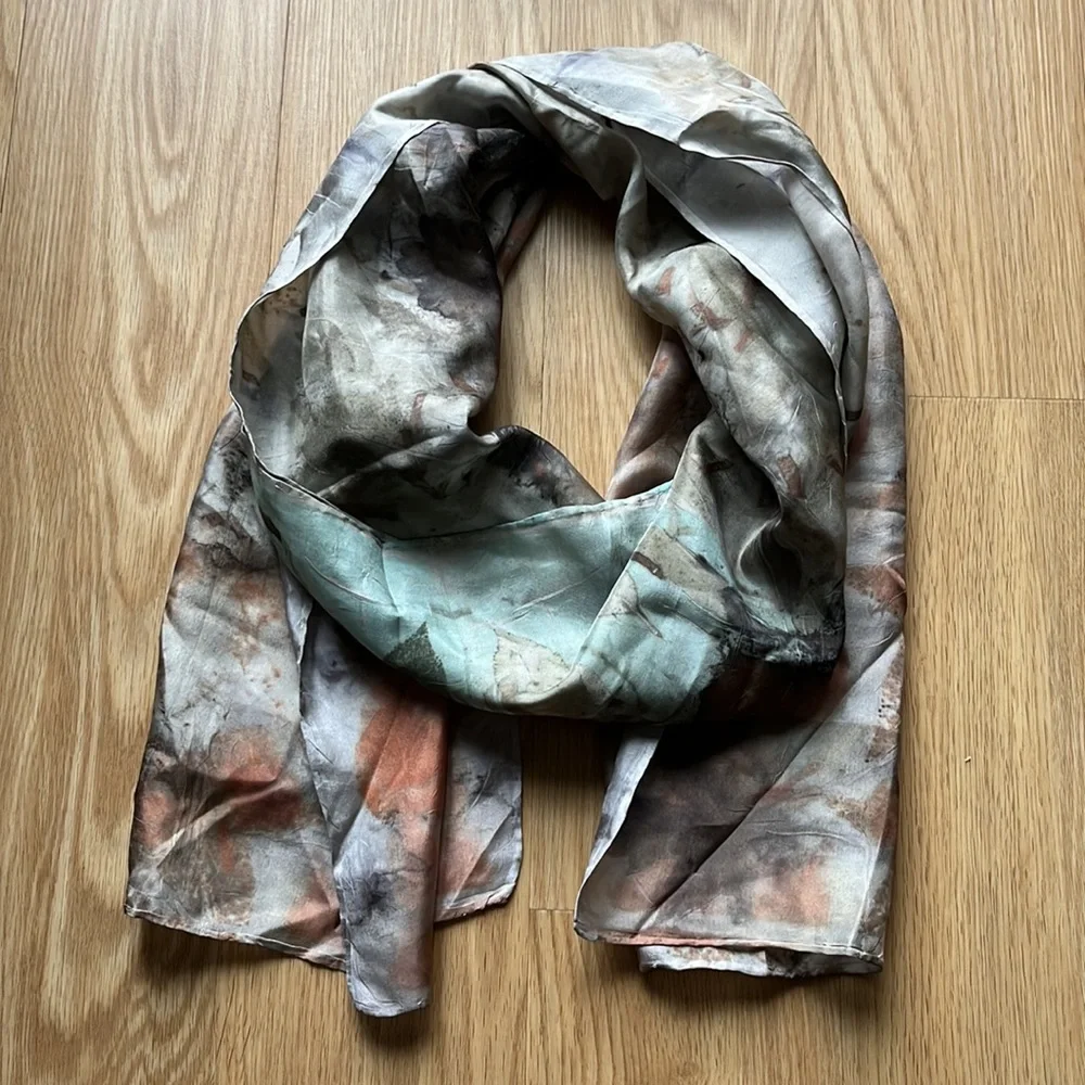 VINTAGE Hand-dyed Silk Scarf With Botanical Leaf Print - Picture 1 of 11